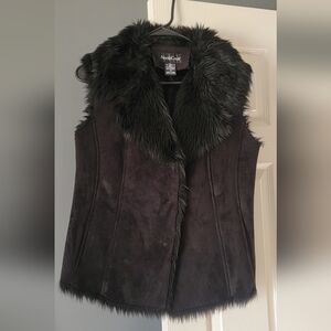 NorthCrest Black Faux Fur Trim Suede Vest